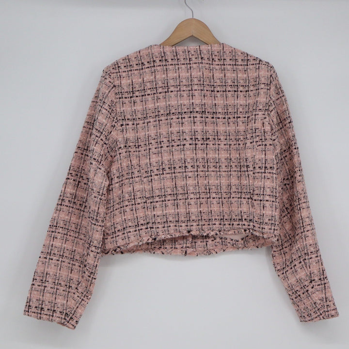 Wild Fable Pink Tweed Cropped Jacket Pearl Button Plaid Large