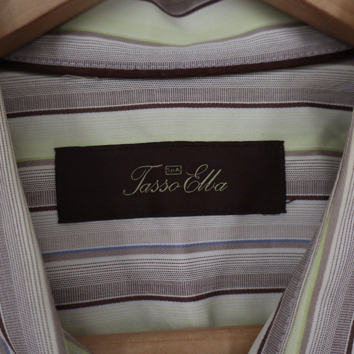 Tasso Elba Mens Large Cotton Striped Long Sleeve Button Down Shirt Tan Green L