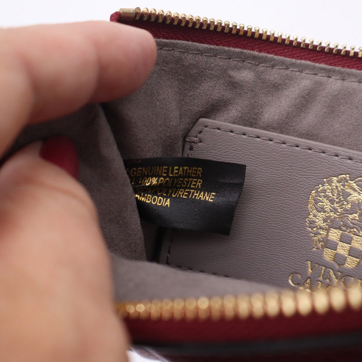 Vince Camuto Burgundy Pebbled Leather Slim Card Case L-Zip Wallet Gold Hardware