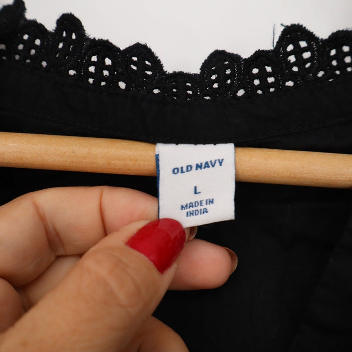 Old Navy Womens Black Eyelet Lace Trim Button Front Cotton Blouse Top Large