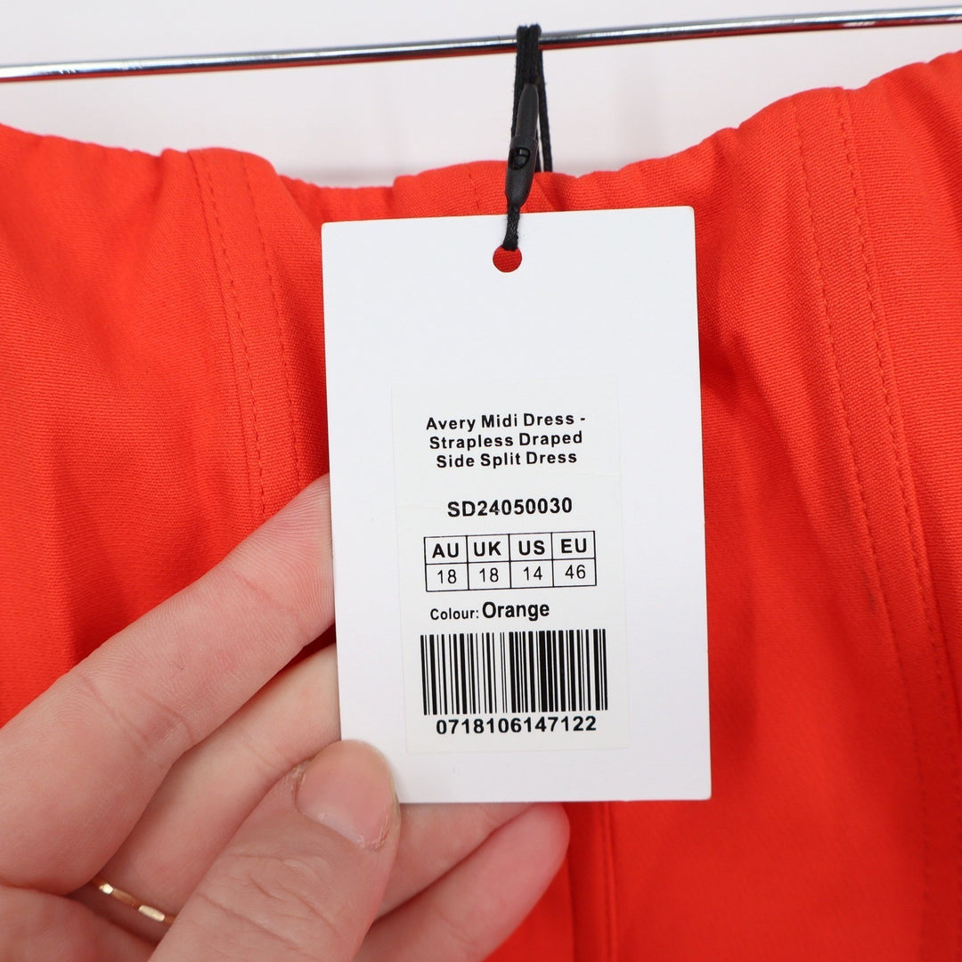 Showpo Avery Midi Dress Orange Strapless Draped Side Split US 14 NEW