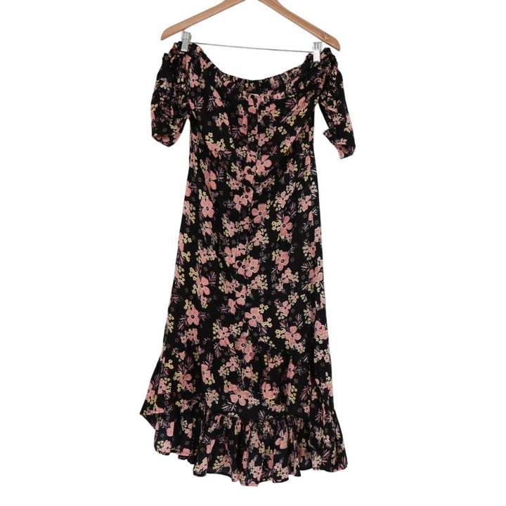 Rahi Cali A-Line Dress Women Small Black Floral Rayon Off The Shoulder Flare Hem