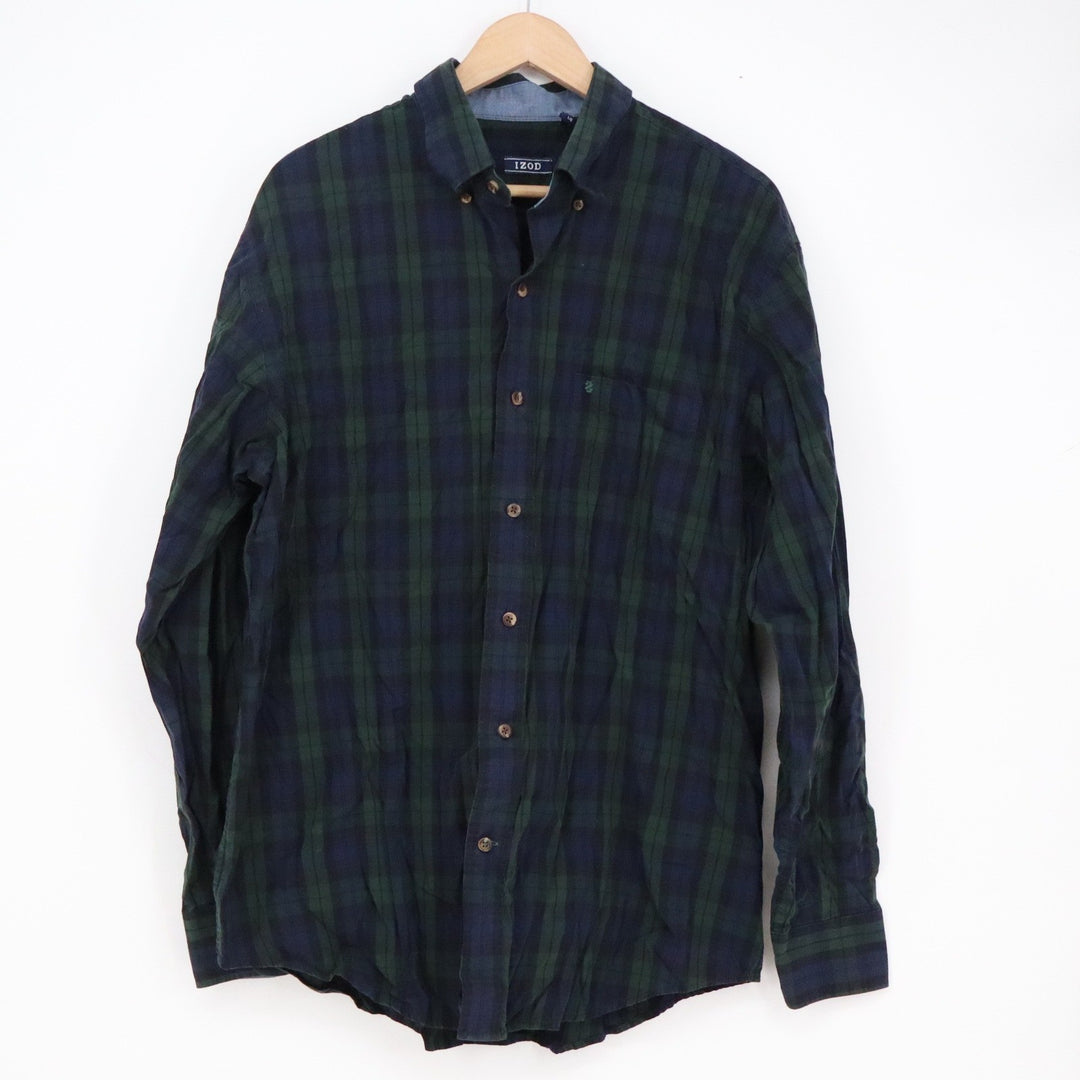 IZOD Mens Black Watch Plaid Button Down Shirt Navy Green Cotton Large