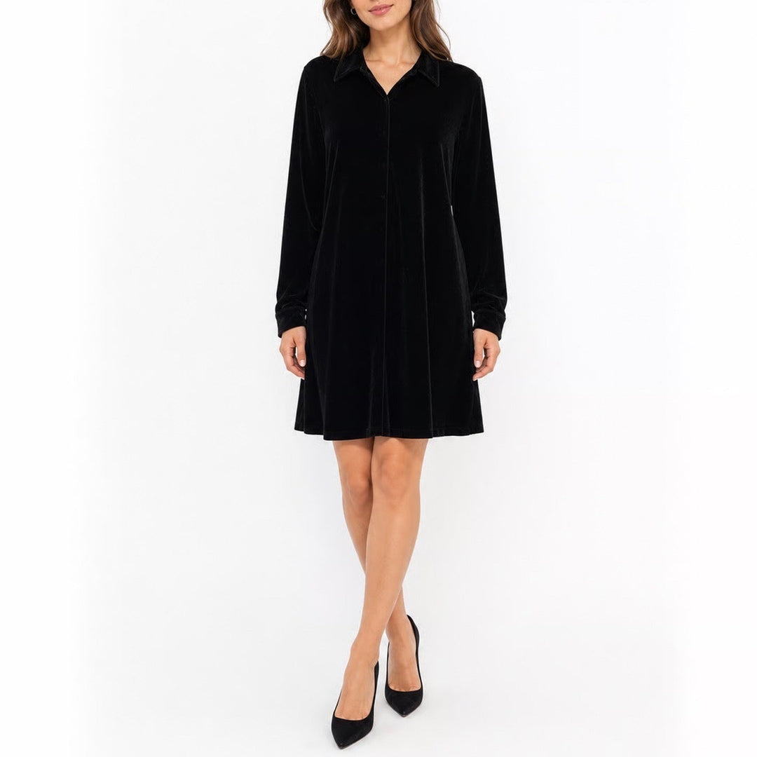 Annie Alexander Black Velvet Button Front Shirt Dress Long Sleeve Medium