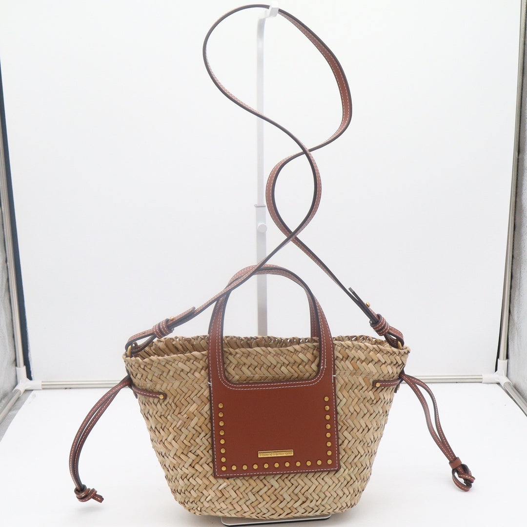 House of Harlow 1960 Woven Straw Leather Studded Basket Bag Crossbody Natural