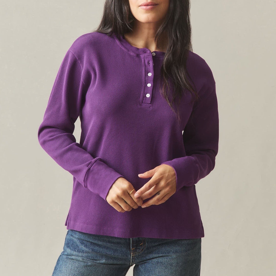 American Giant Thermal Henley Shirt Womens M Purple Cotton Stretch Ribbed Collar