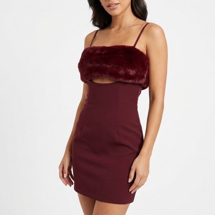 Naked Wardrobe Maroon Faux Fur Trim Cutout Back Mini Dress Small