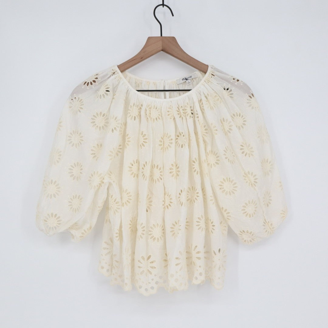 Madewell Tank Top Womens Small Cream Embroidered Eyelet Puff Sleeve Round Neck