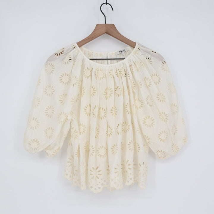 Madewell Tank Top Womens Small Cream Embroidered Eyelet Puff Sleeve Round Neck