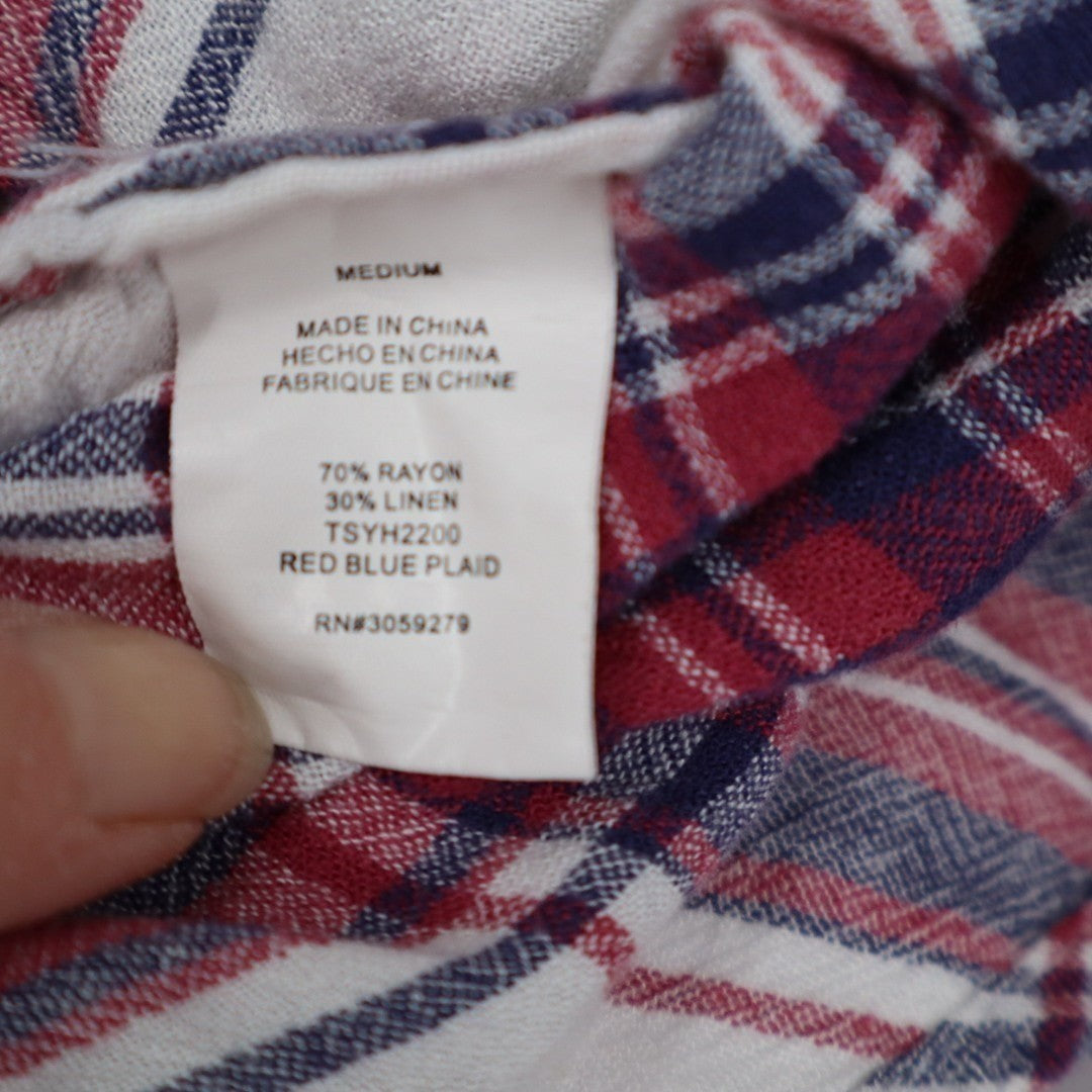 Thread & Supply Flannel Shirt Women Medium Red Blue Plaid Front Pocket Button Up