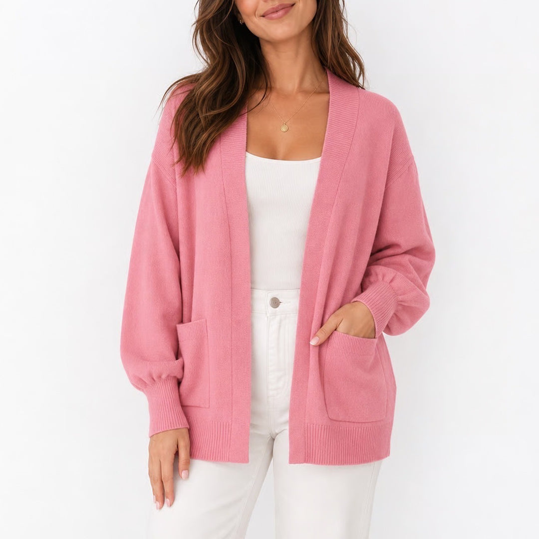 A Love Story Pink Puff Sleeve Open Front Cardigan Sweater Pockets Sz 14/16 L XL