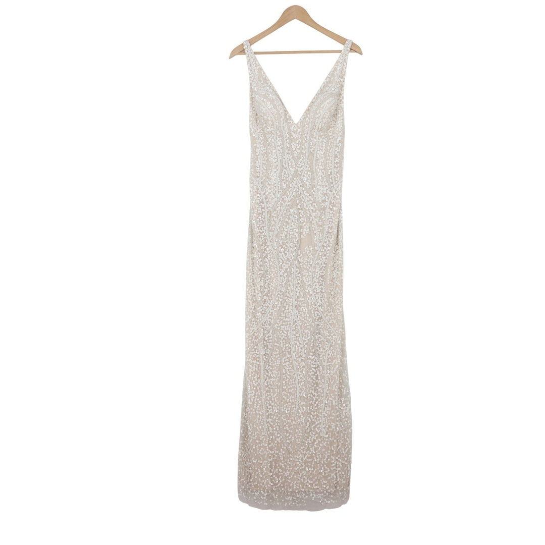 DB Studio Womens Sequin Beaded V-Neck Gown Ivory Nude Size 8