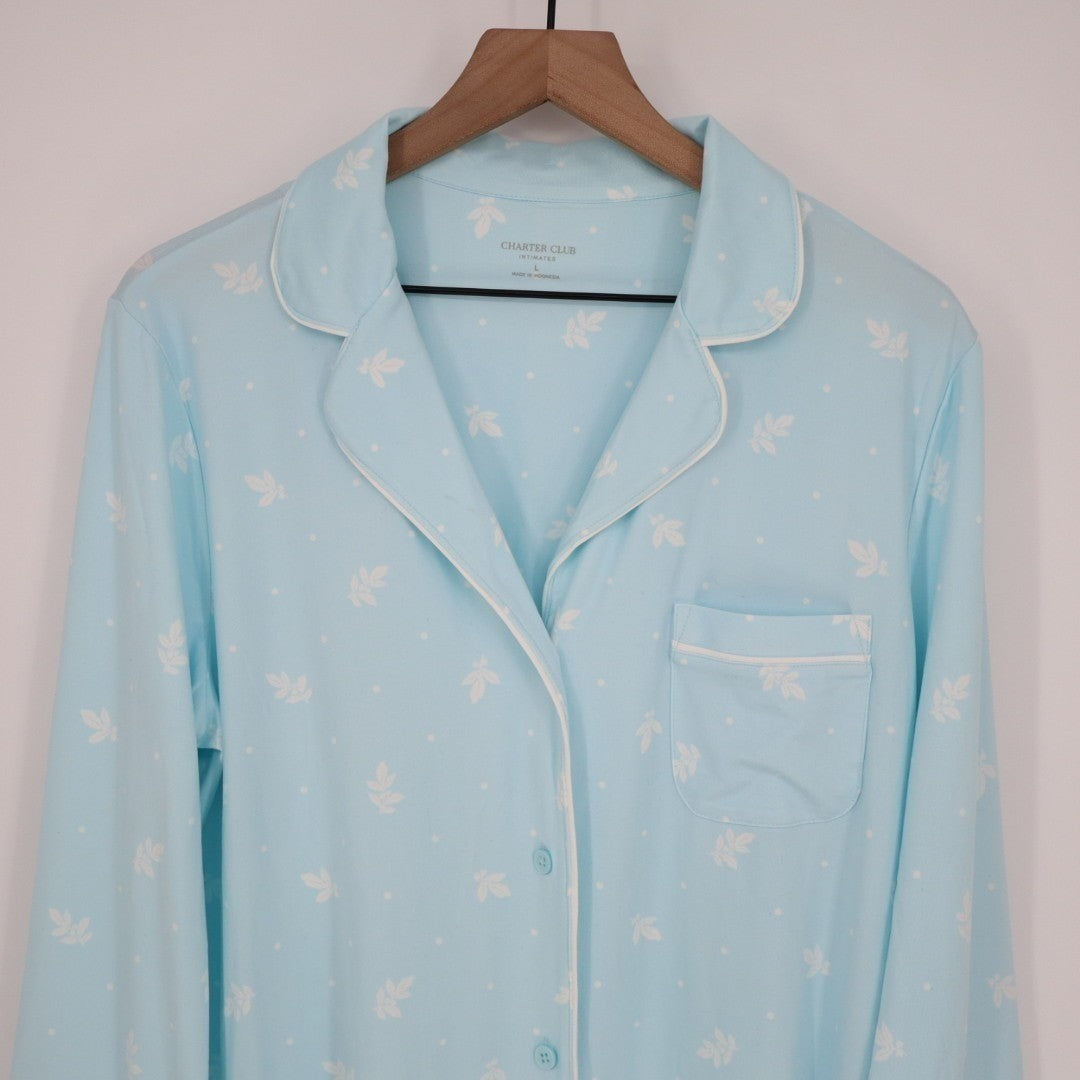 Charter Club Intimates Pajama Shirt Women Large Blue Floral Stretch Lapel Collar