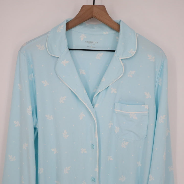 Charter Club Intimates Pajama Shirt Women Large Blue Floral Stretch Lapel Collar