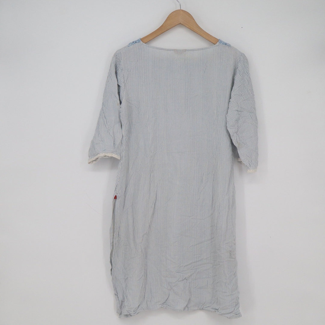 W for Woman Blue Striped Lace Neck Tunic Kurti Top Rayon Flax Size 14