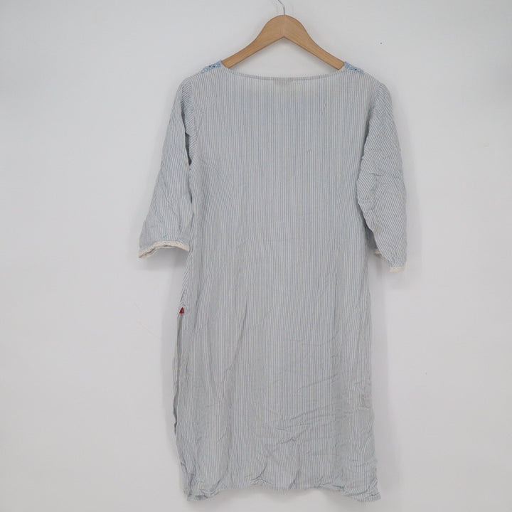 W for Woman Blue Striped Lace Neck Tunic Kurti Top Rayon Flax Size 14