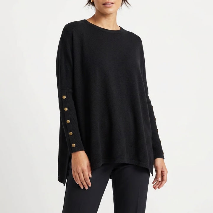Joseph A Black Oversized Knit Sweater Gold Button Cuff Rayon Blend Crew Neck M