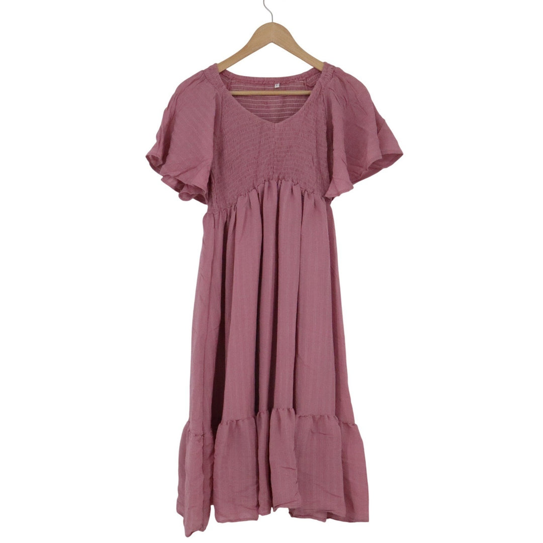 Unbranded Smocked Tiered Midi Dress Dusty Rose Pink Flutter Sleeve Size L
