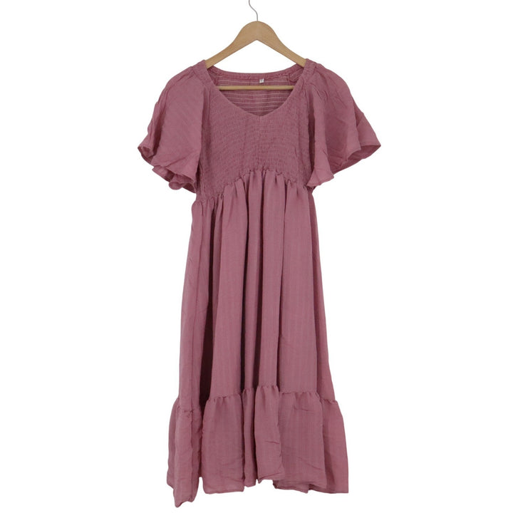 Unbranded Smocked Tiered Midi Dress Dusty Rose Pink Flutter Sleeve Size L