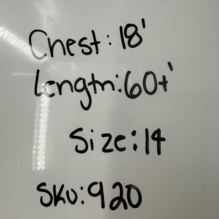 Text on a whiteboard with measurements and product details.