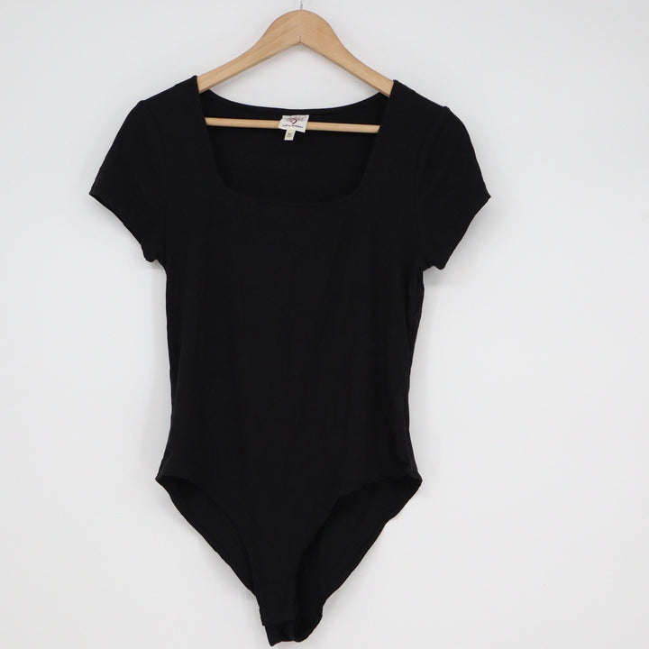 Self Esteem Black Ribbed Square Neck Short Sleeve Bodysuit XL