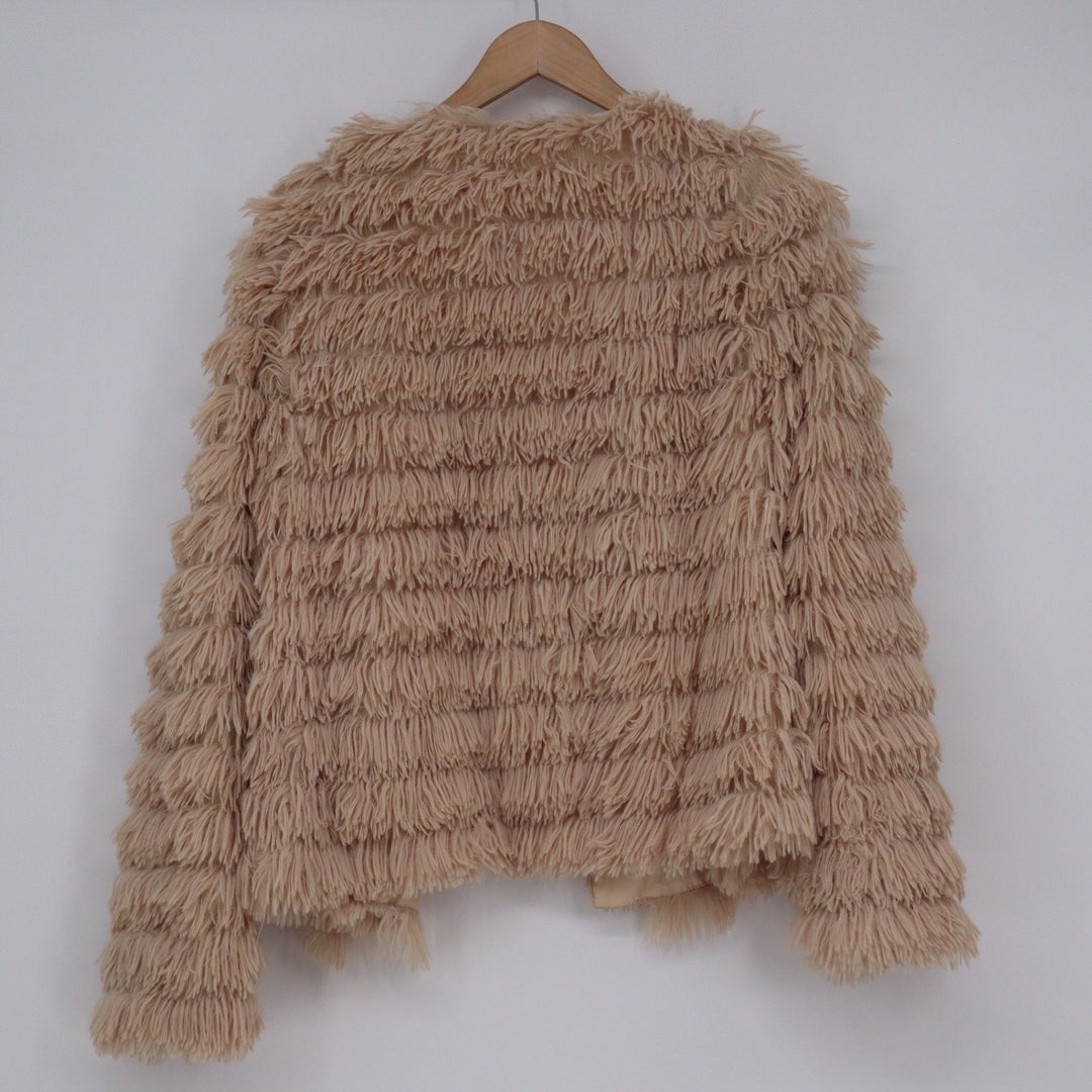 Unbranded Coffee Beige Faux Fur Shaggy Fringe Jacket Large Open Front