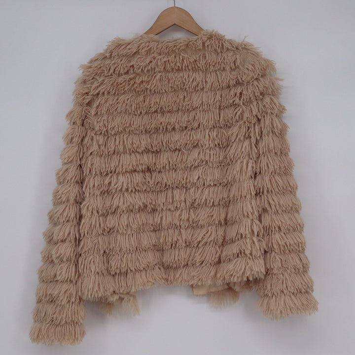 Unbranded Coffee Beige Faux Fur Shaggy Fringe Jacket Large Open Front