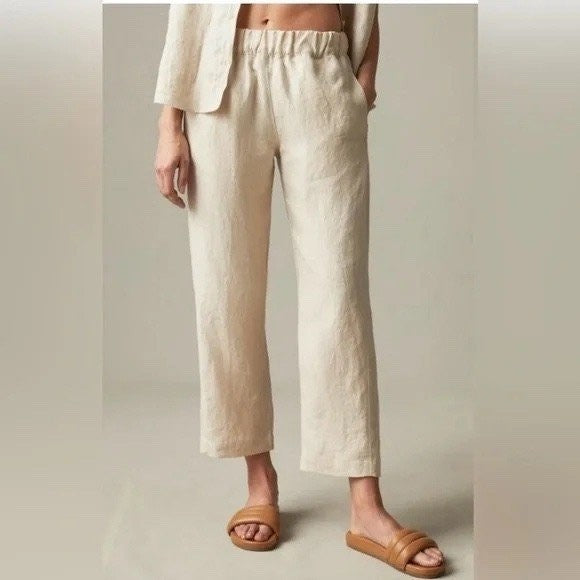 American Giant Pants Womens Medium Beige Linen Relaxed Fit Wide Leg Summer Wear