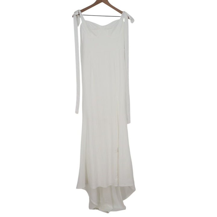 Lulus Maxi Dress Womens Small White Stretch Tie Shoulder Front Slit Back Button