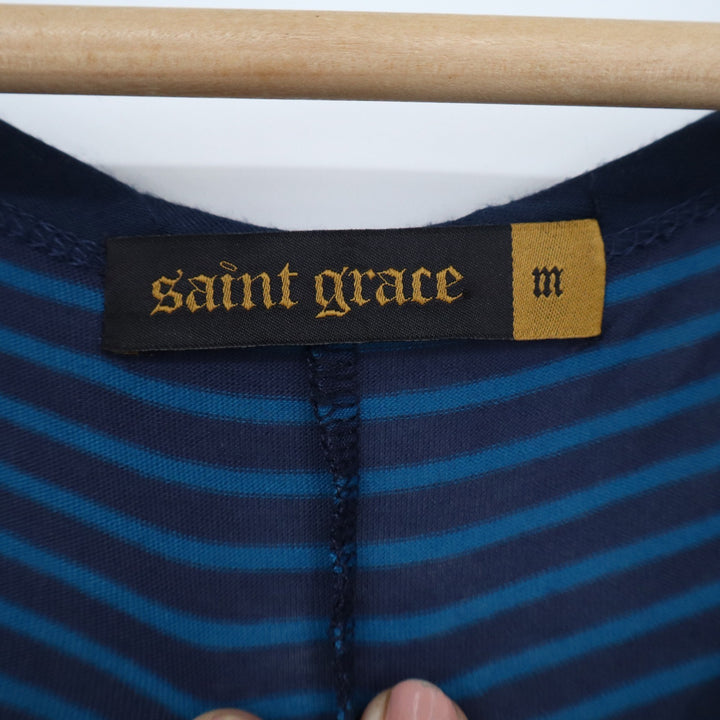 Saint Grace Womens Striped Oversized Tunic Top Navy Teal Scoop Neck Medium USA
