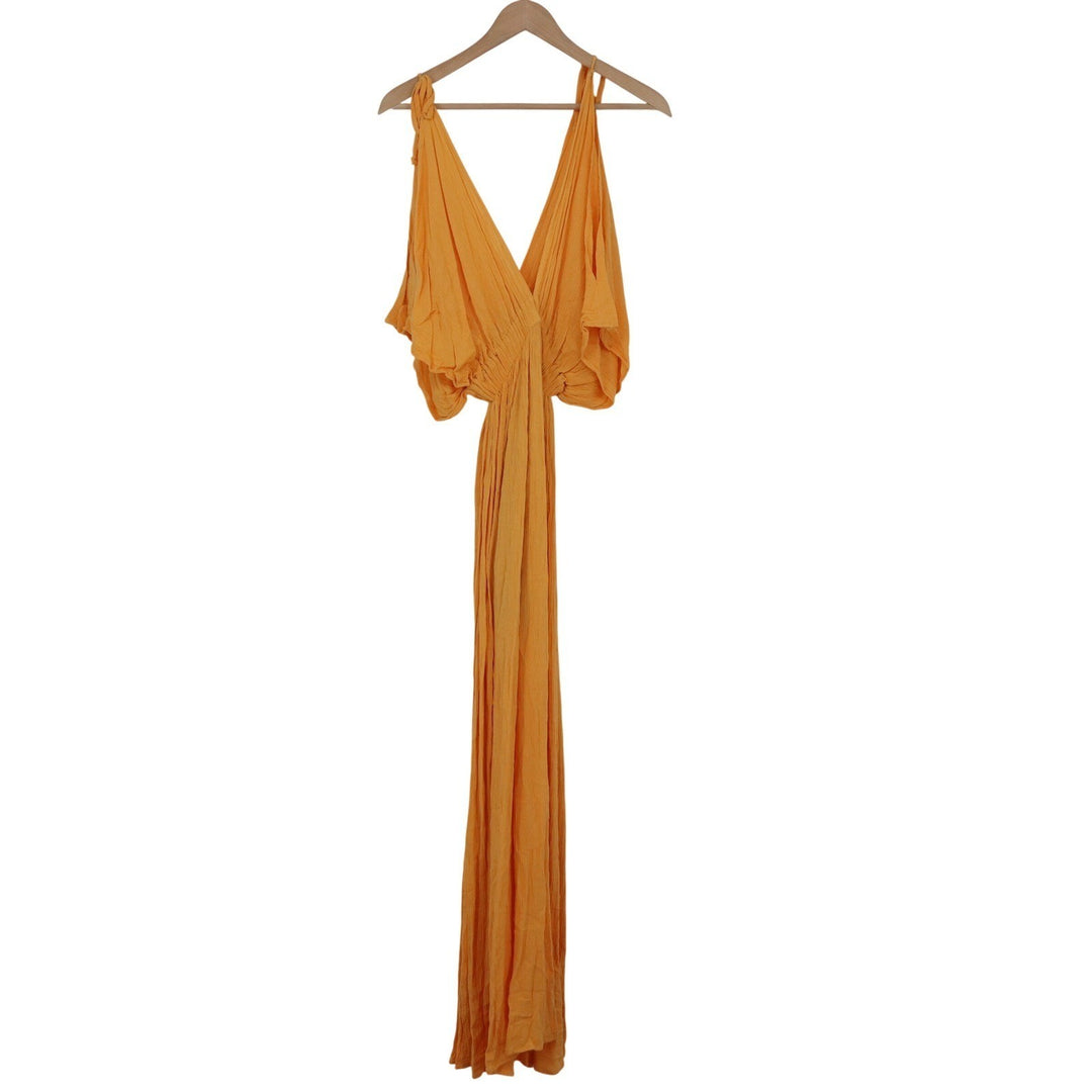 Orange Deep V-Neck Sleeveless Maxi Dress Cinched Waist Textured Rayon Size M