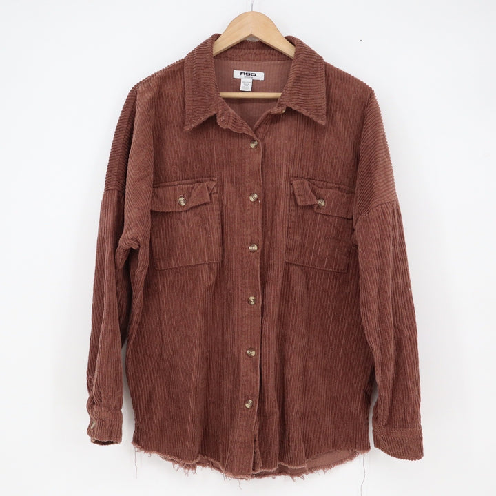 RSQ Brown Corduroy Button Down Shirt Raw Hem Oversized Shacket Mens XL Cotton