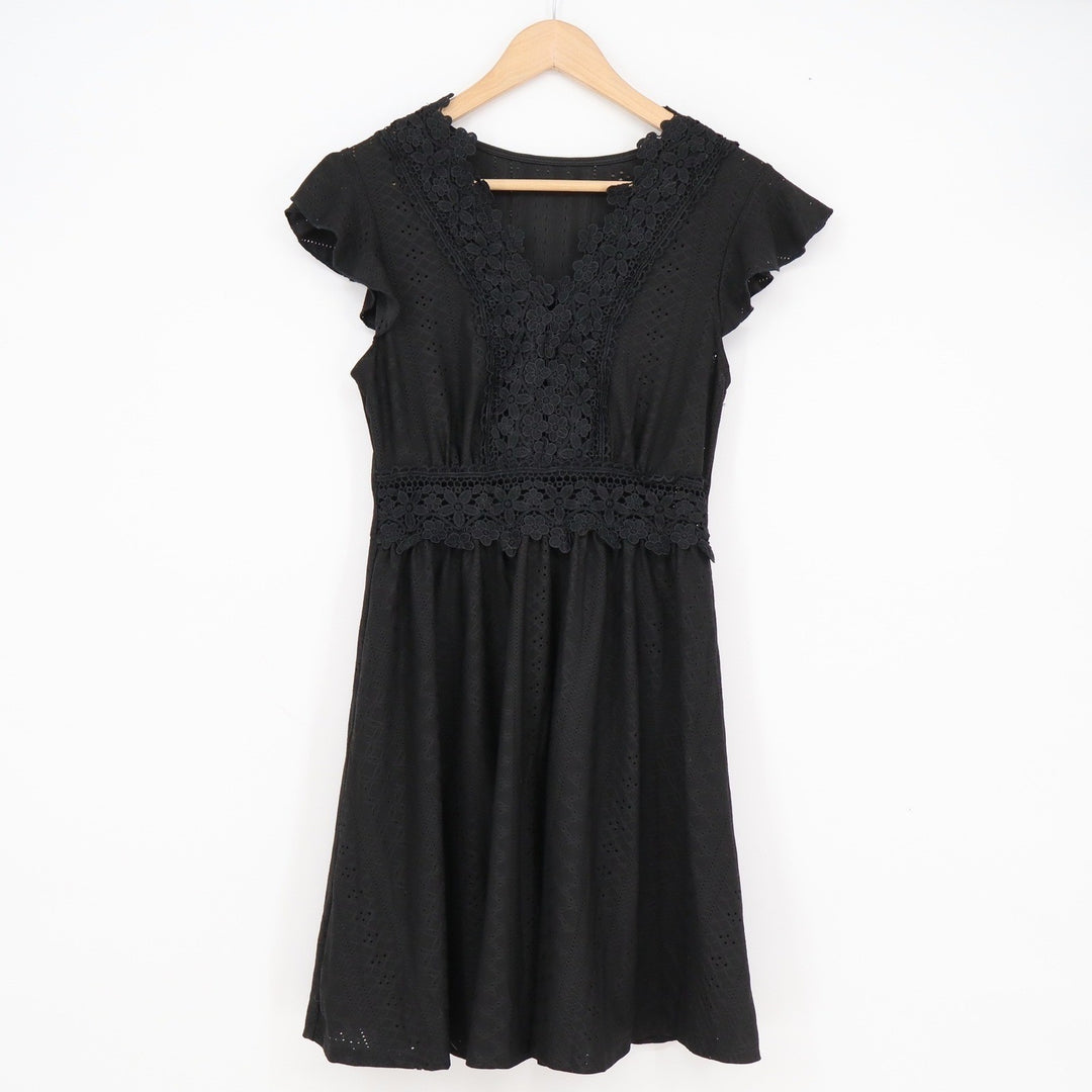 SHEIN Black Eyelet Lace Flutter Sleeve Mini Dress V-Neck Fit & Flare M