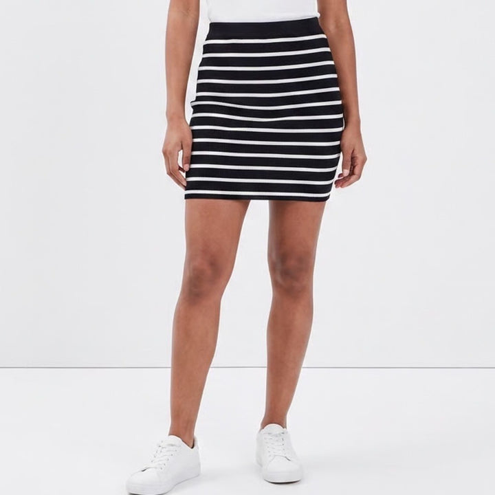 Striped Ribbed Knit Mini Skirt Black White Bodycon Stretch Casual