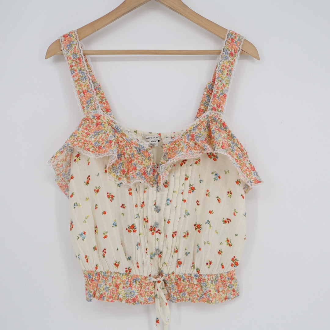 American Eagle Outfitters Crop Top Womens Medium White Floral Pleated Wide Strap