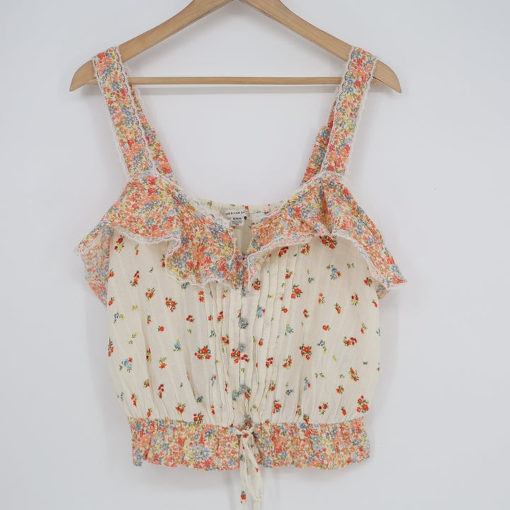 American Eagle Outfitters Crop Top Womens Medium White Floral Pleated Wide Strap