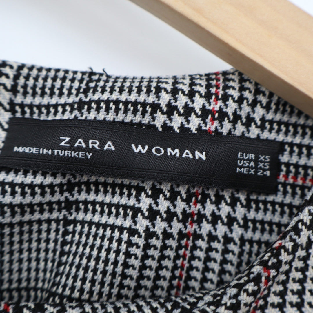 Zara Woman Plaid Glen Check Bell Sleeve Shift Mini Dress Black Red XS