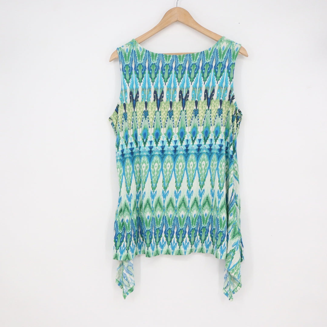 Blue Green Ikat Print Sharkbite Hem Sleeveless Tank Top XL Boho Relaxed Fit