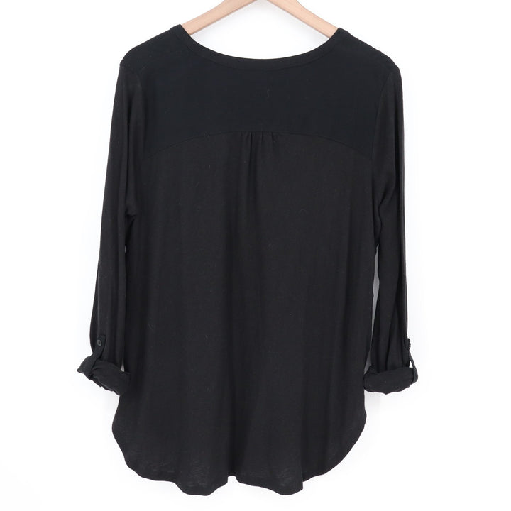 Merona Tunic Top Womens L Black Button Split Neck Roll Tab Sleeve Front Pocket