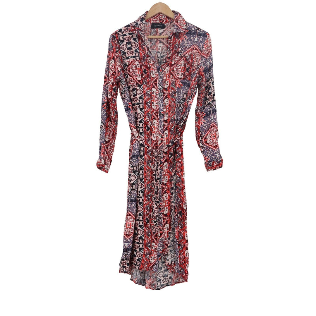 Minkpink Red Blue Geometric Tribal Print Long Sleeve Shirt Midi Dress S
