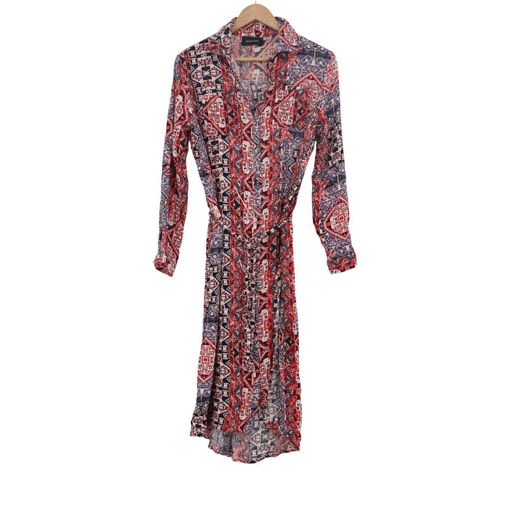 Minkpink Red Blue Geometric Tribal Print Long Sleeve Shirt Midi Dress S