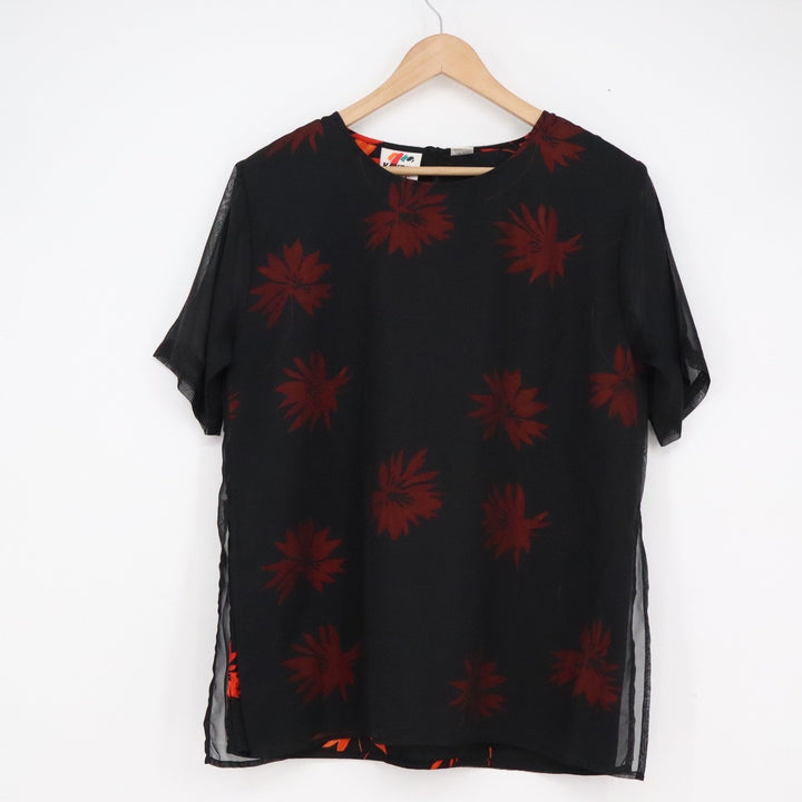 Kaktus Womens M Black Sheer Double Layer Floral Blouse Short Sleeve Red Flowers