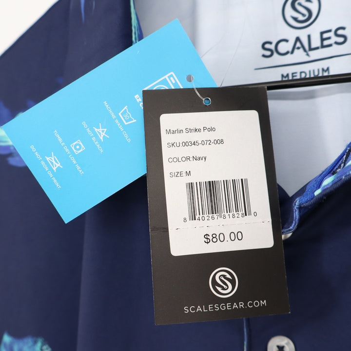 Scales Gear Marlin Strike Polo Shirt Mens Medium Navy Blue Wave Graphic