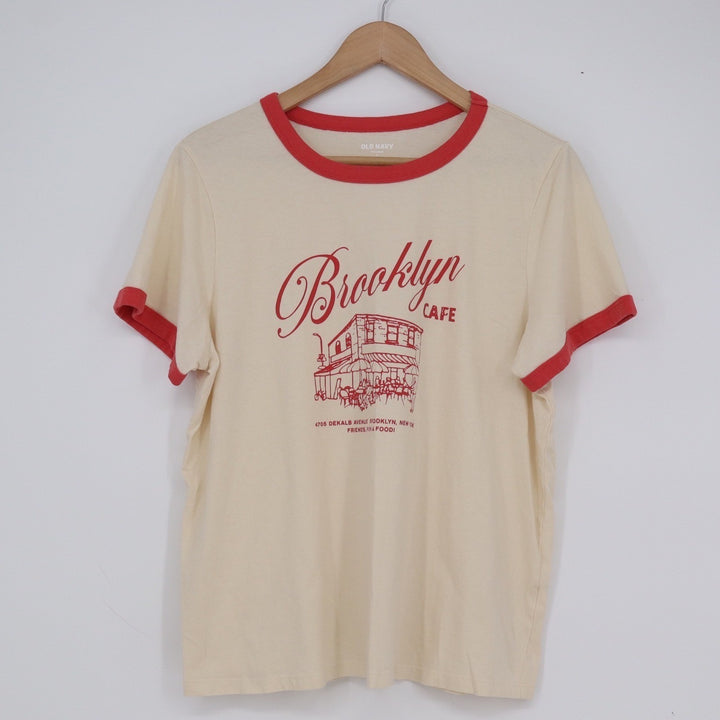 Old Navy Everywear Brooklyn Cafe Ringer Graphic T-Shirt Cream Red Large