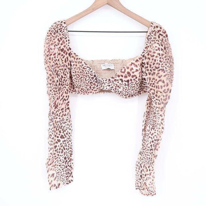 Naked Wardrobe The Statement Leopard Print Smocked Crop Top Brown M