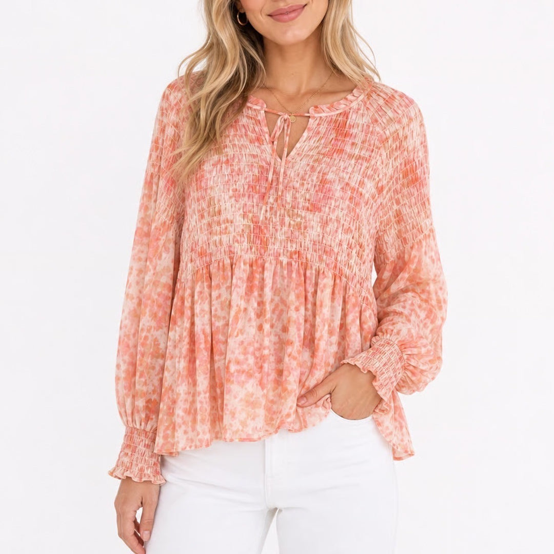 Rose + Olive Orange Pink Abstract Smocked Peplum Blouse Long Sleeve Medium