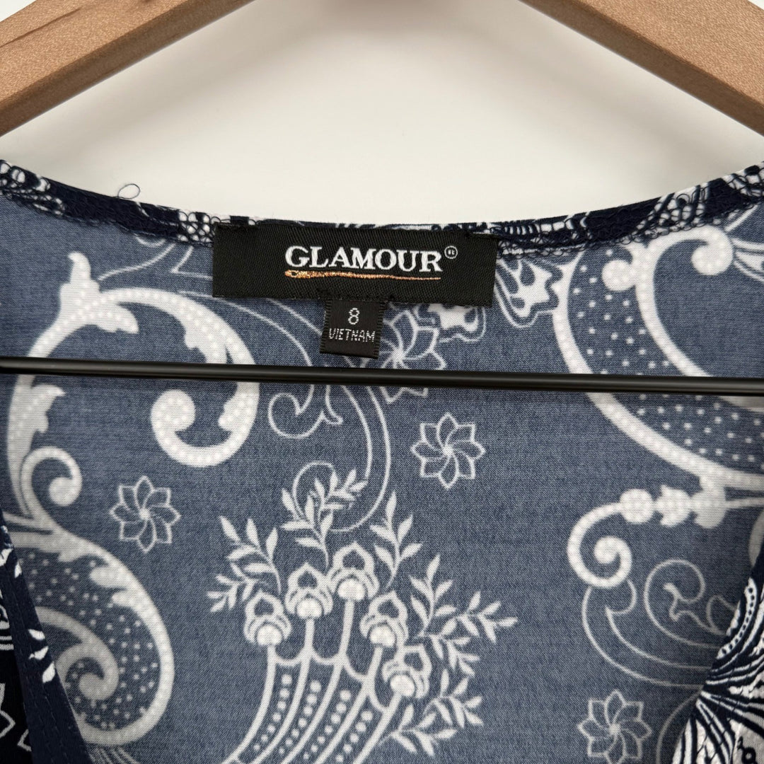 Glamour Women's Navy Blue White Paisley Print Wrap Dress Ruffle Sleeve Size 8