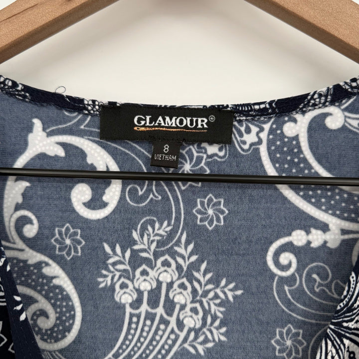 Glamour Women's Navy Blue White Paisley Print Wrap Dress Ruffle Sleeve Size 8