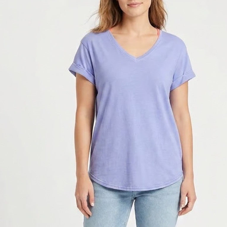 SO Intimates Womens V-Neck T-Shirt Blue Cuffed Short Sleeve Size L
