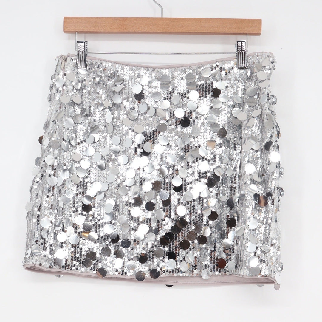 Cider Silver Sequin Mini Skirt High Waisted Party Festival Size Medium NWT